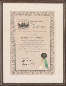 Jaroslav Drobny’s Hall of Fame Enshrinement Certificate